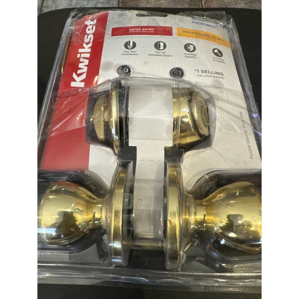 Kwikset 690T Polished Brass Keyed Entry Door‎ Knob Set Deadbolt, Easy Install